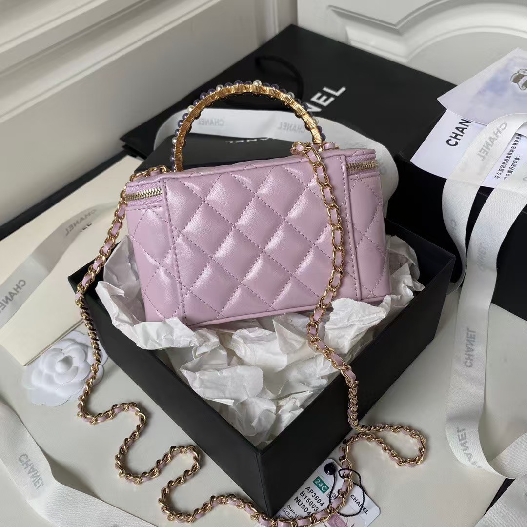 Chanel AP3804 Lambskin Cosmetic Bag With Pearl Handle Pink Purple
