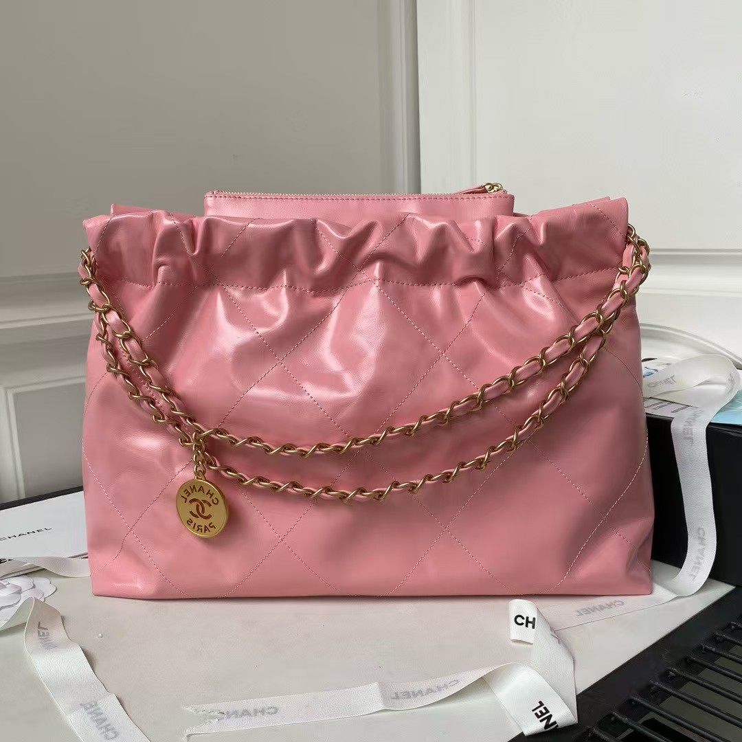 Chanel 22 Hobo Bag 24C AS4486 Gold Metallic Dark Pink Shiny Calfskin New Edition Horizontal