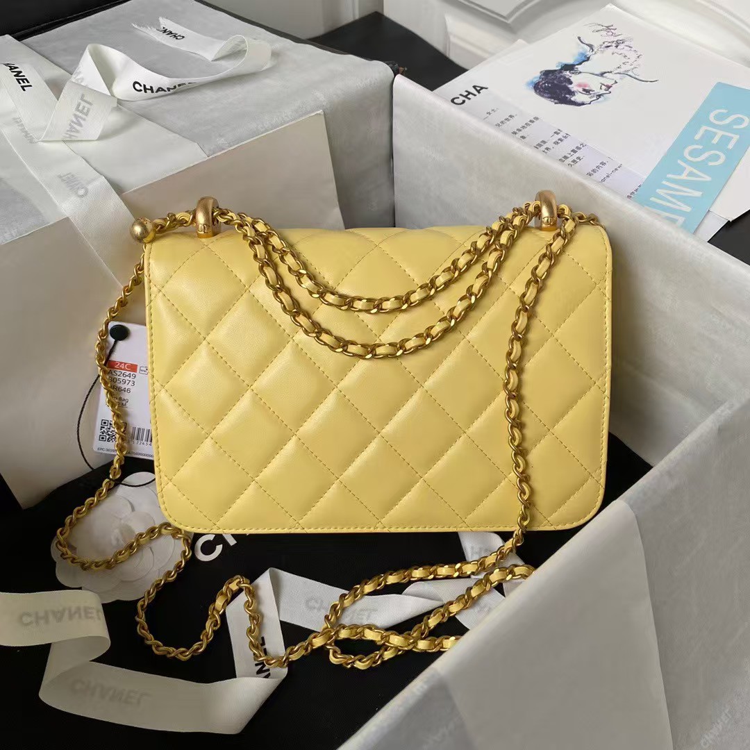Chanel AS2649 Chain Bag With Gold Charm Small Vintage Calfskin Bag Yellow