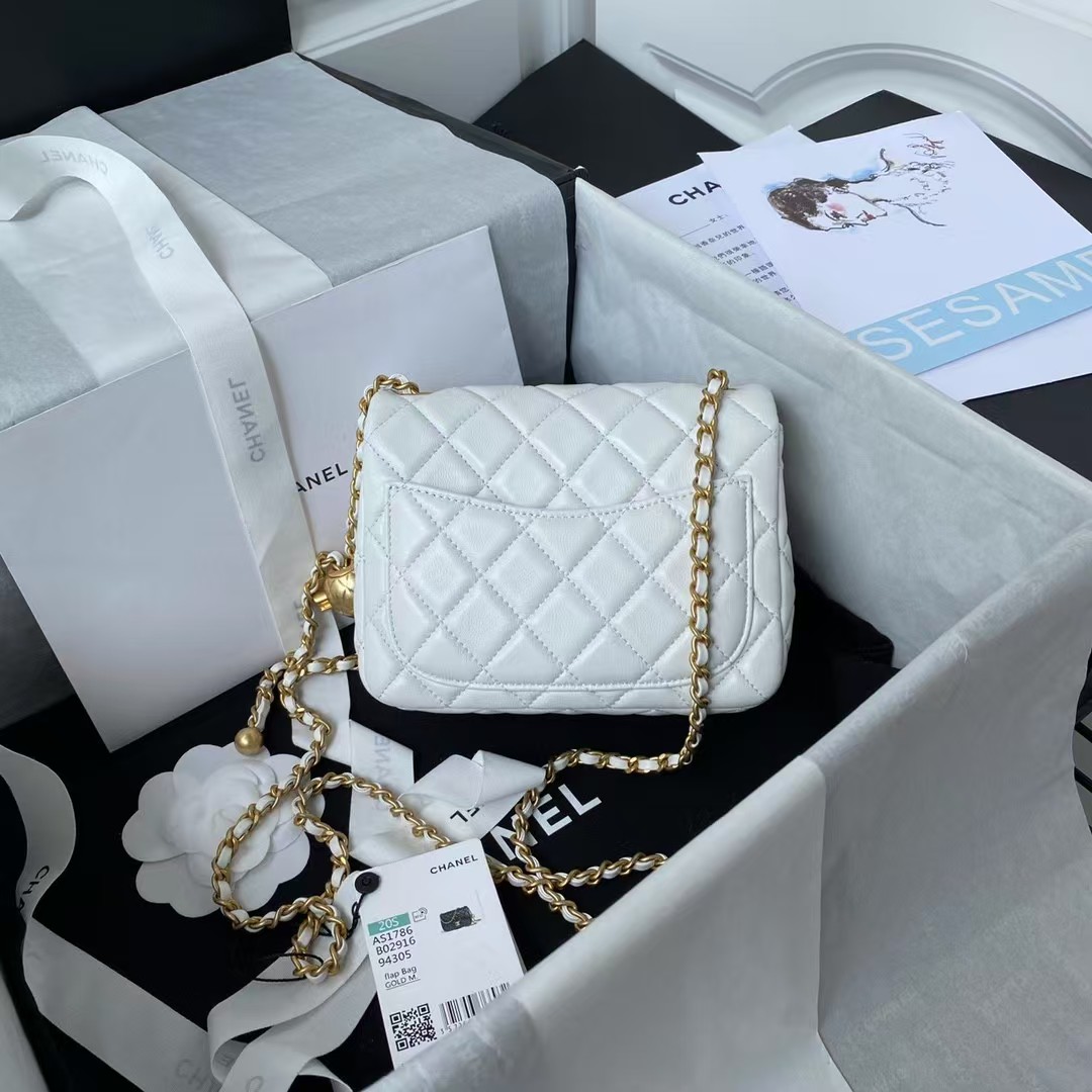 Chanel 23C AS1786 Mini Square Pearl Embossed Flap Bag Antique Gold Hardware White