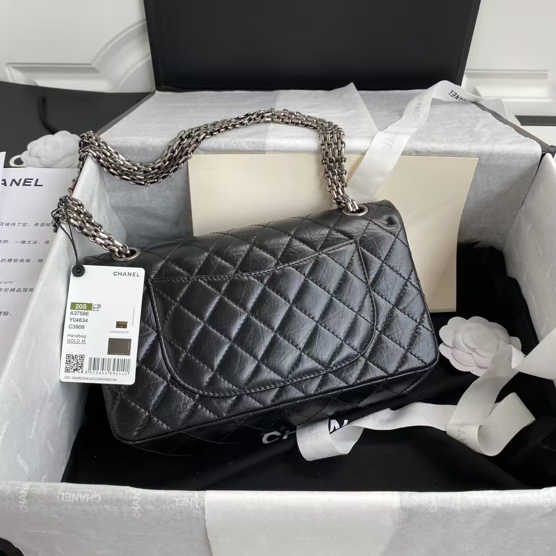 Chanel 23A Classic Medium 2.55 Flap Bag Black Distressed Calfskin Ruthenium Hardware