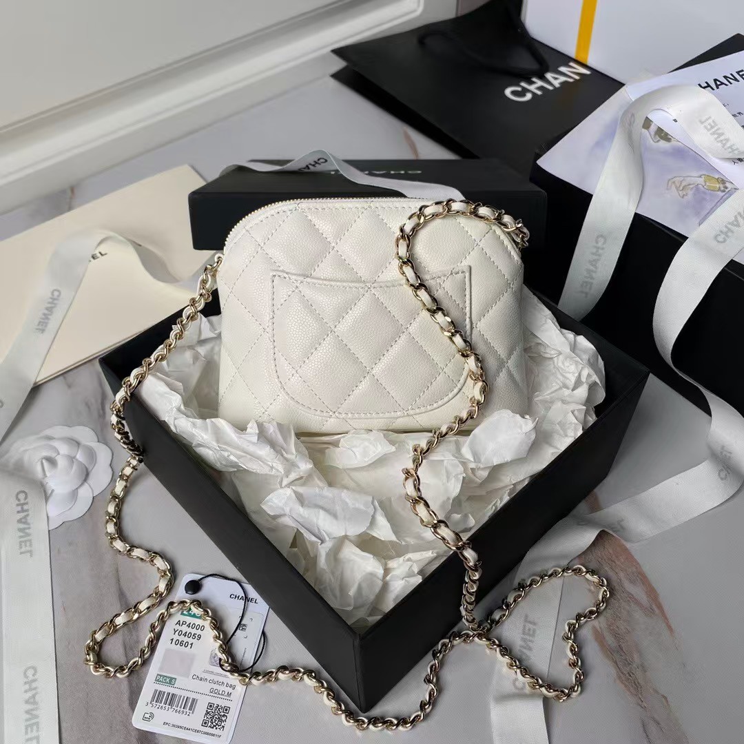 Chanel 24S AP4000 Mini Clutch With Chain Crossbody Bag White Caviar Light Gold Hardware
