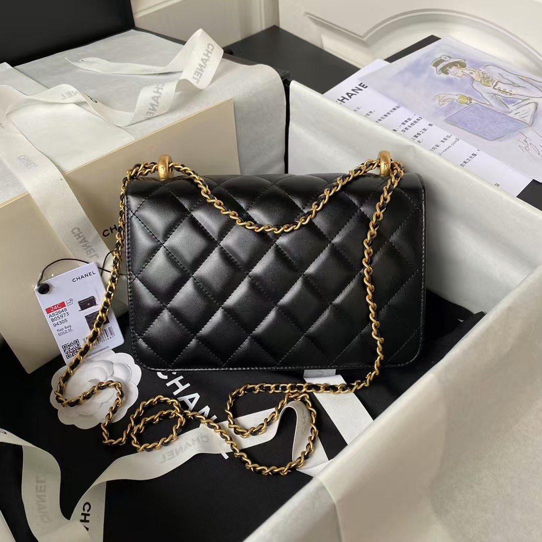 Chanel AS2649 Chain Bag With Gold Charm Small Vintage Calfskin Bag Black