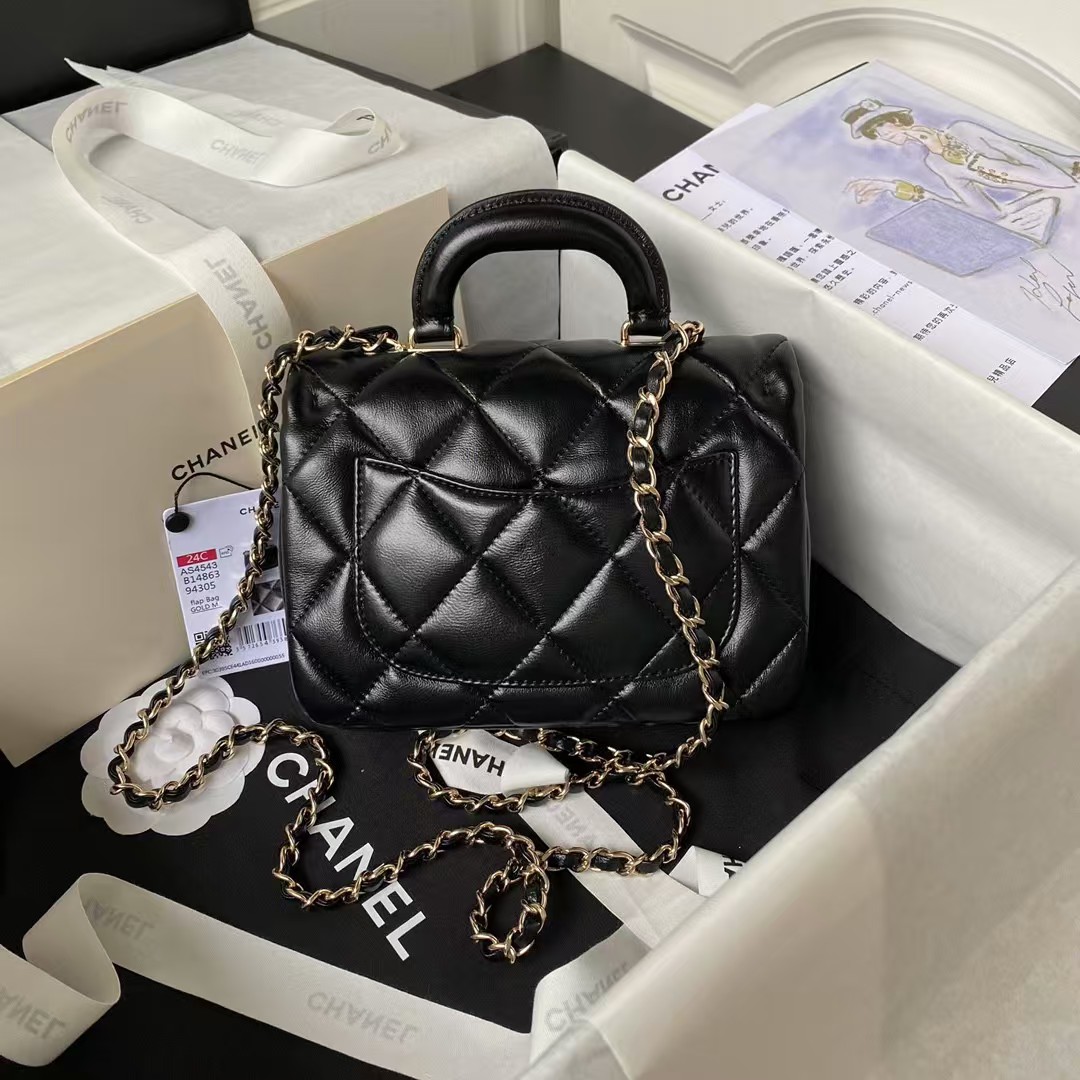 Chanel 24C AS4543 Mini Flap Bag Chain Bag Top Handle Black Lambskin
