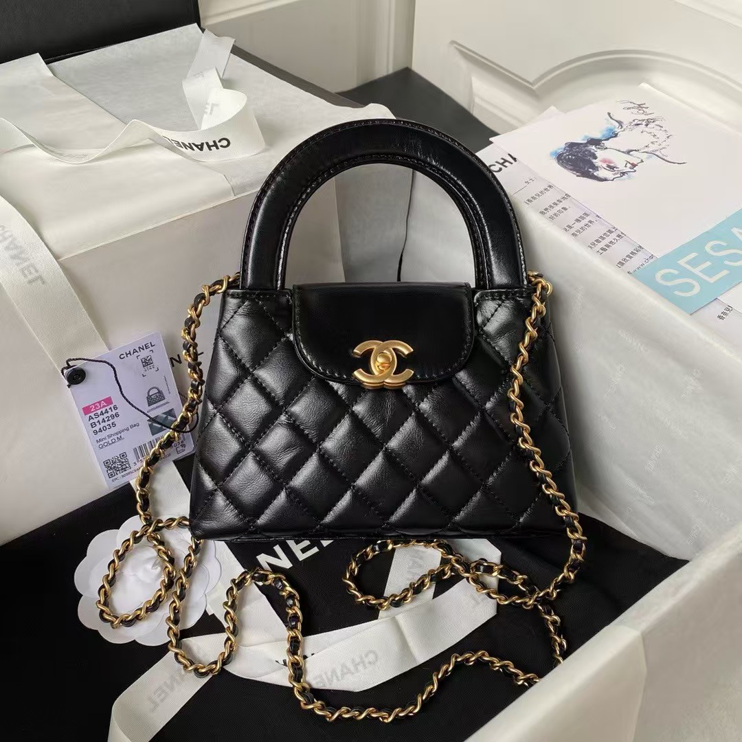 Chanel AS4416 Mini Shopping Bag Shiny Aged Calfskin Gold Tone Metal Black