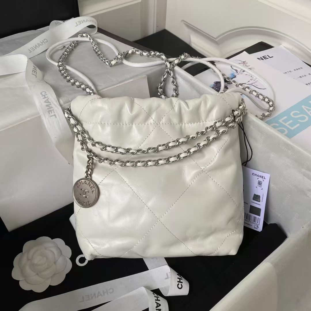 Chanel 22 AS3980 Mini Tote Shiny Calfskin & Silver-Tone Metal White