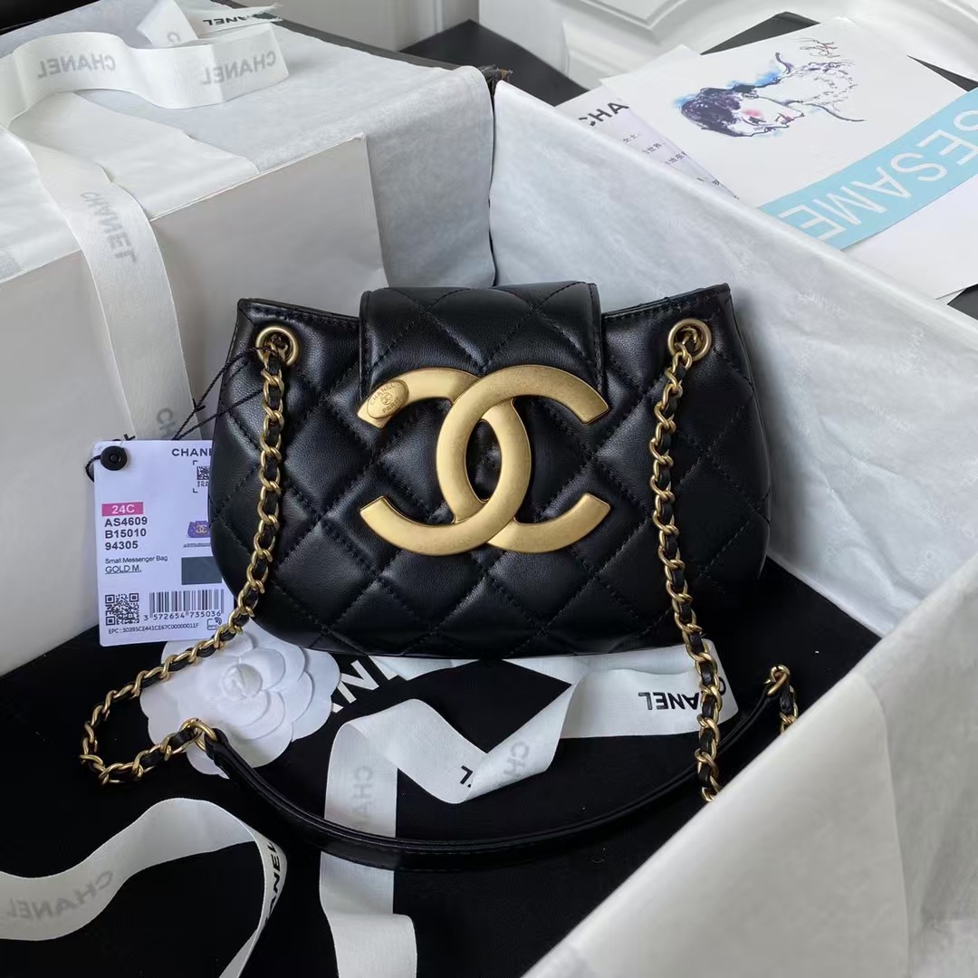 Chanel 24C Vintage Logo Small Quilted Lambskin Shoulder Bag AS4609 Black