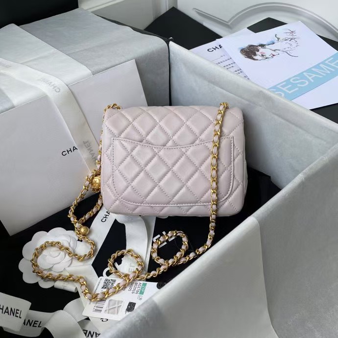 Chanel 23C AS1786 Mini Square Pearl Embossed Flap Bag Antique Gold Hardware Light Pink