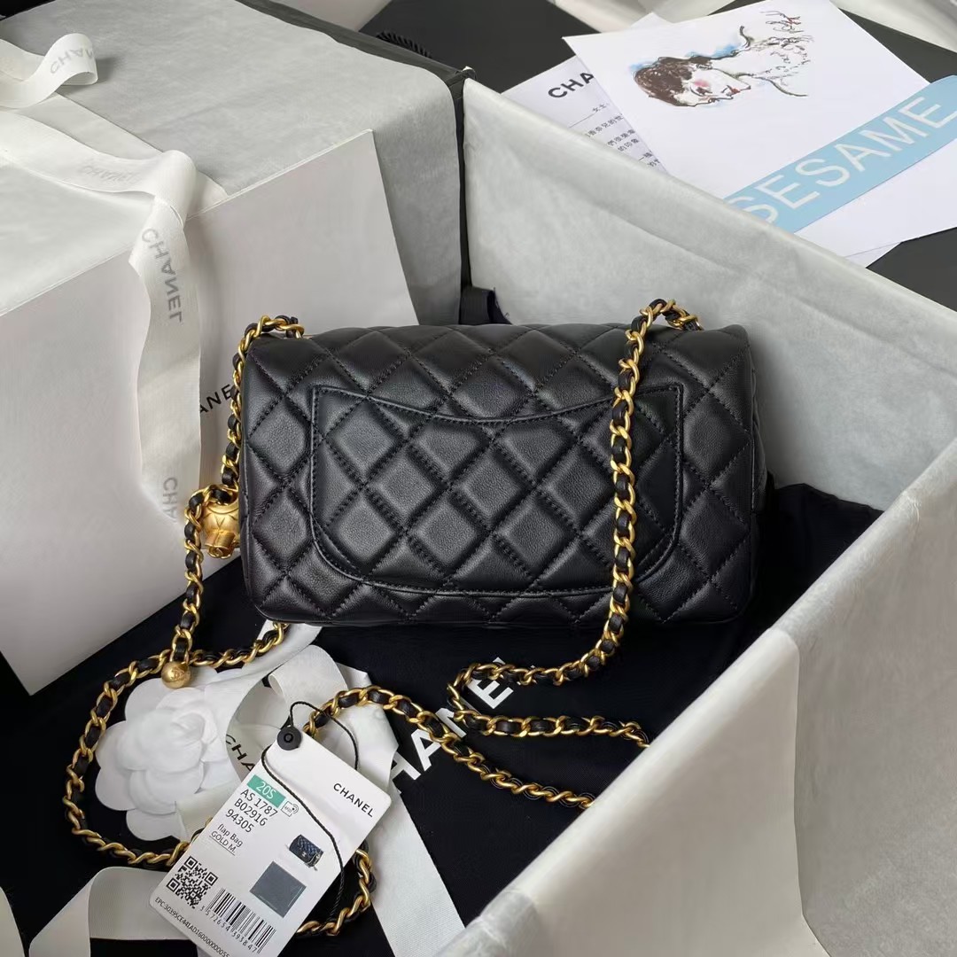 Chanel 23K AS1787 Mini Pearl Embossed Rectangular Flap Bag Lambskin Brushed Metal Hardware Black