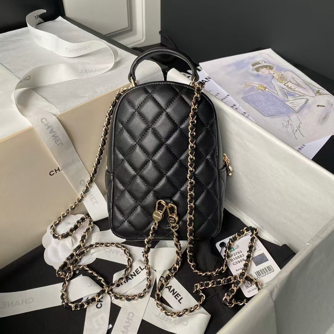 Chanel 24C AP3573 Mini Backpack Lambskin Gold Metal Black