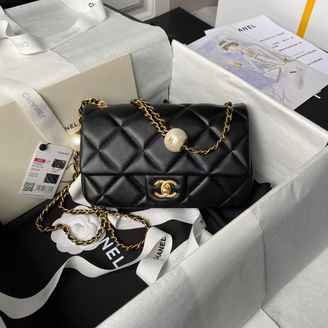 Chanel AS4861 Small Flap Bag Pearl Lambskin Faux Pearl & Gold Metal Black