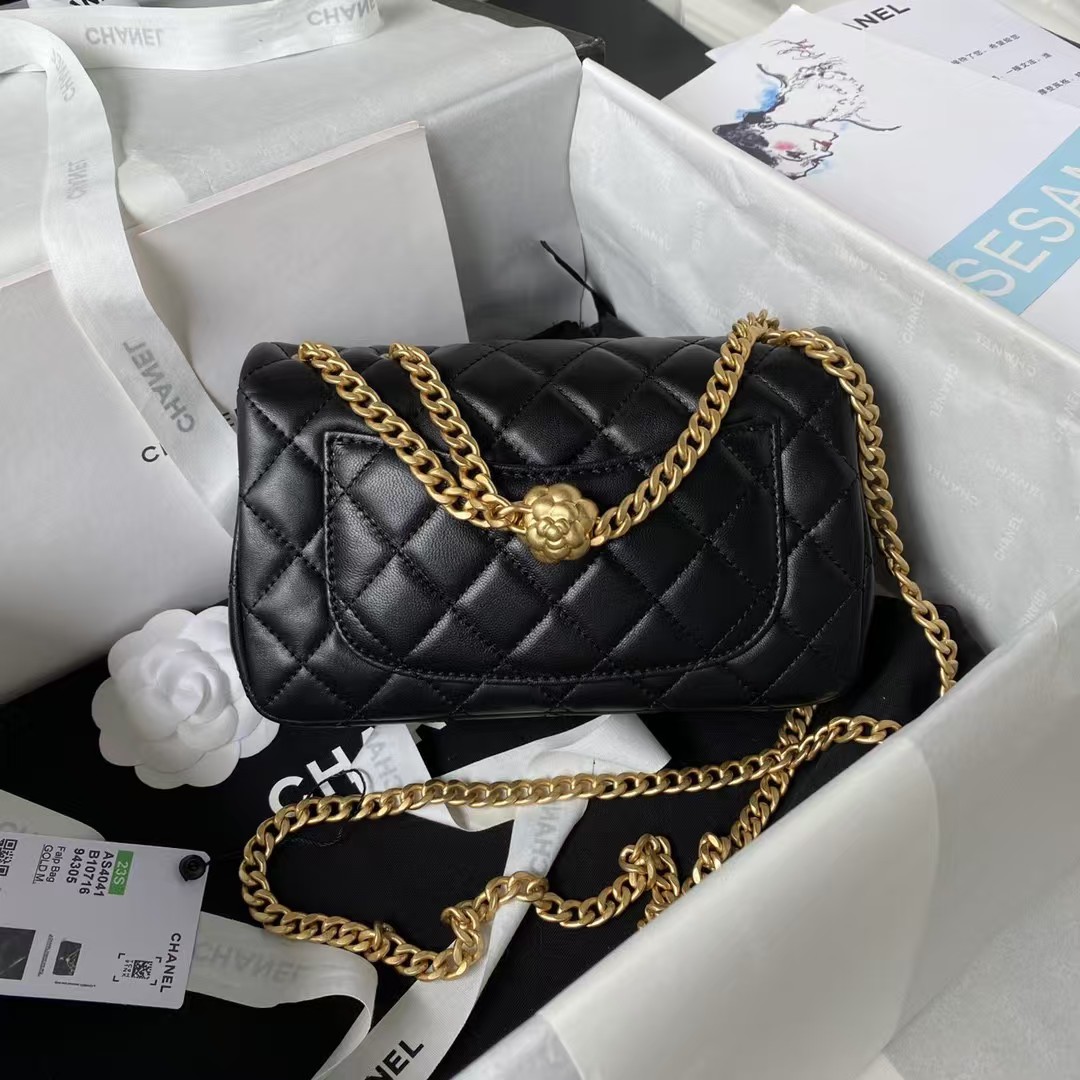Chanel 23S AS4041 Mini Camellia Embossed Rectangular Flap Bag Antique Gold Hardware Black