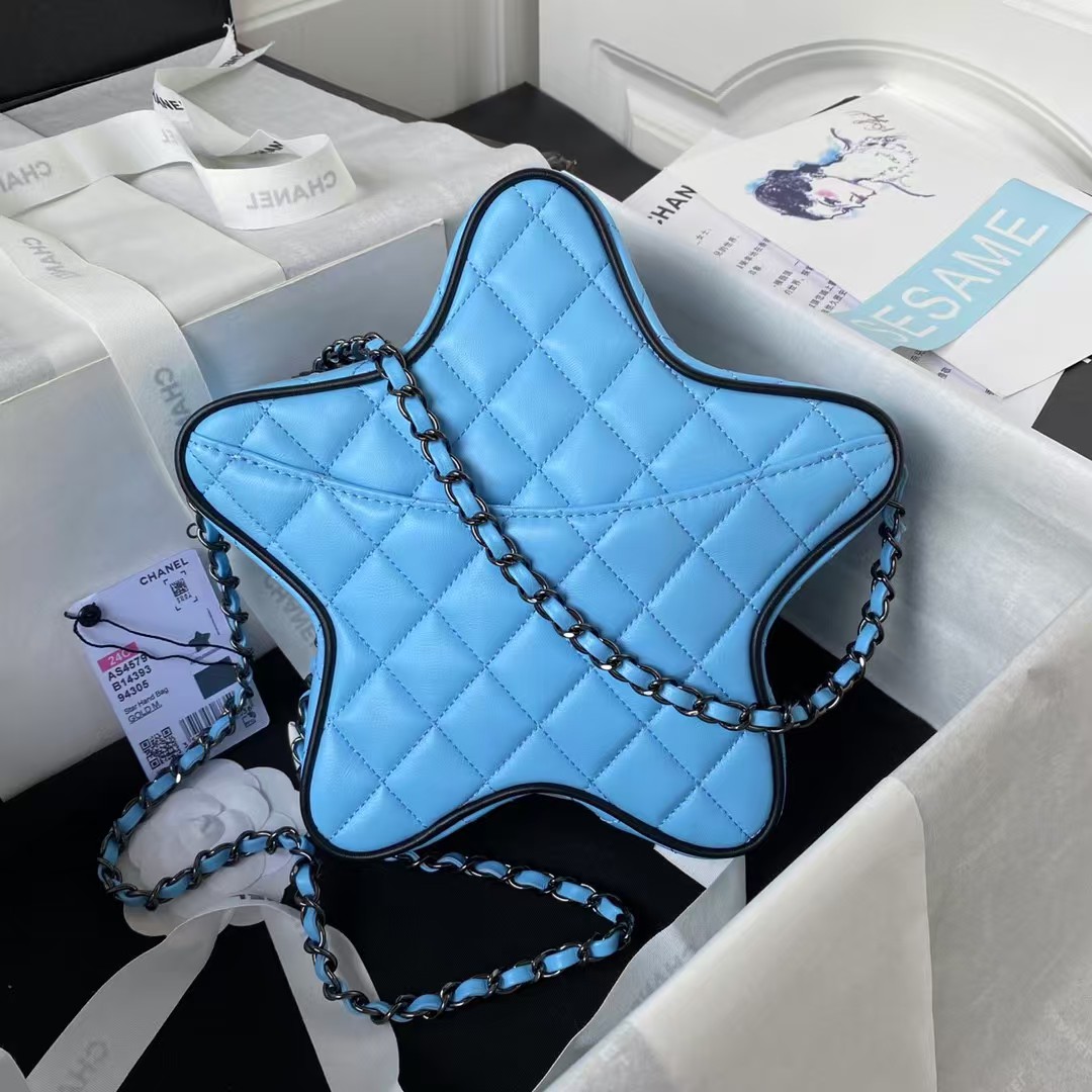Chanel 24C AS4579 Star Bag Sky Blue and Black Satin Black Metal Hardware