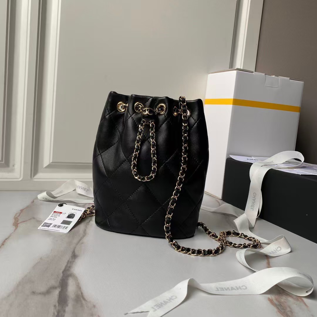 Chanel 24S AS4810 Medium CC Drawstring Backpack Shiny Lambskin Light Gold Hardware Black
