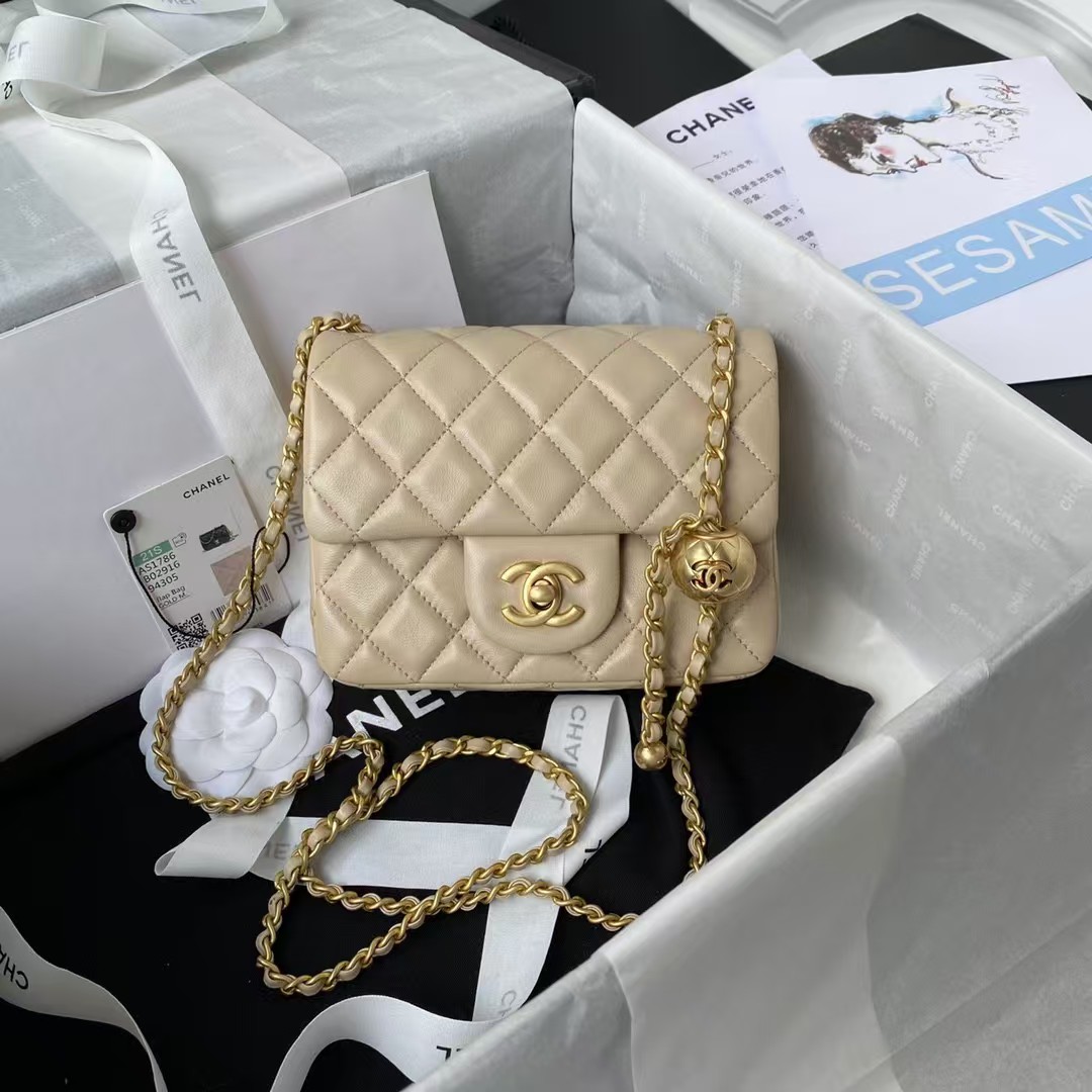 Chanel 23C AS1786 Mini Square Pearl Embossed Flap Bag Antique Gold Hardware Apricot