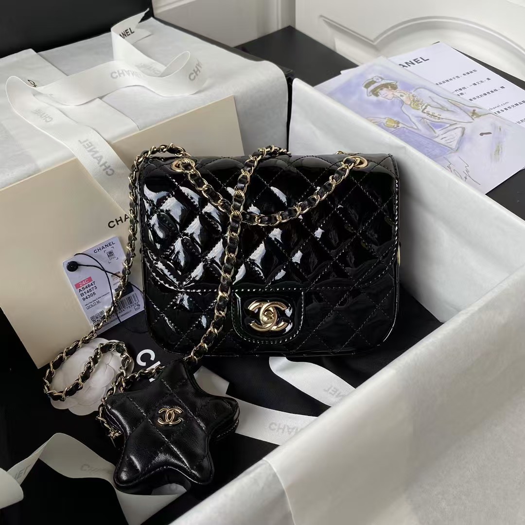 Chanel AS4647 Mini Flap Bag With Star Coin Purse Metallic Calfskin & Gold Metallic Black