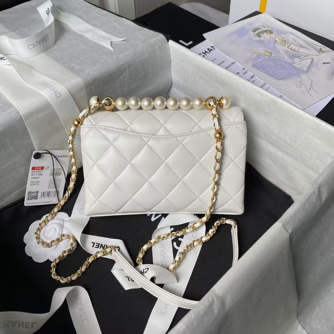 Chanel AS5001 Mini Flap Bag Top Handle Shiny Lambskin Imitation Pearl & Gold Metal White