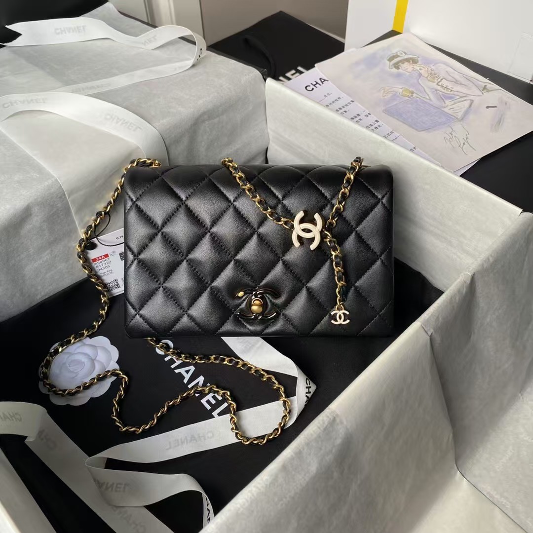 Chanel AS4967 Small Flap Bag Shiny Lambskin Enamel & Gold Metal Black