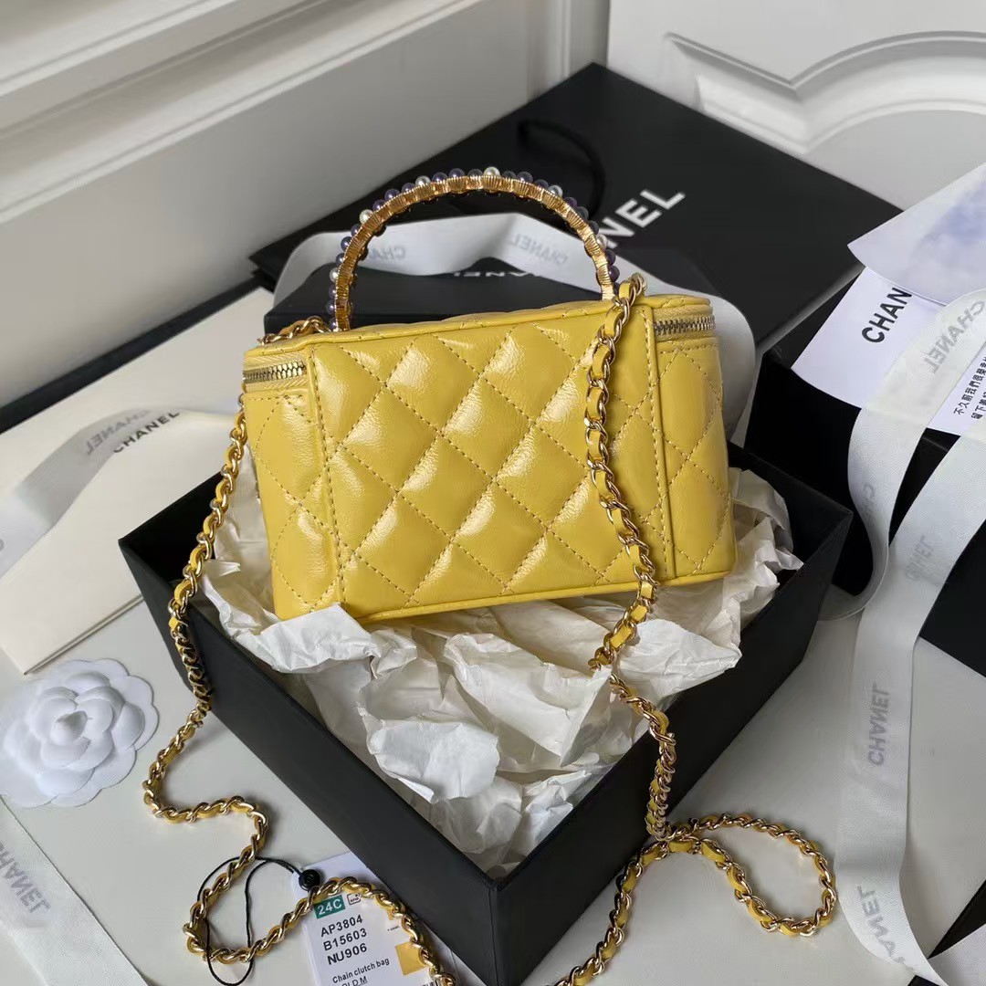 Chanel AP3804 Clutch Lambskin Vanity Case Bag With Pearl Handles Yellow