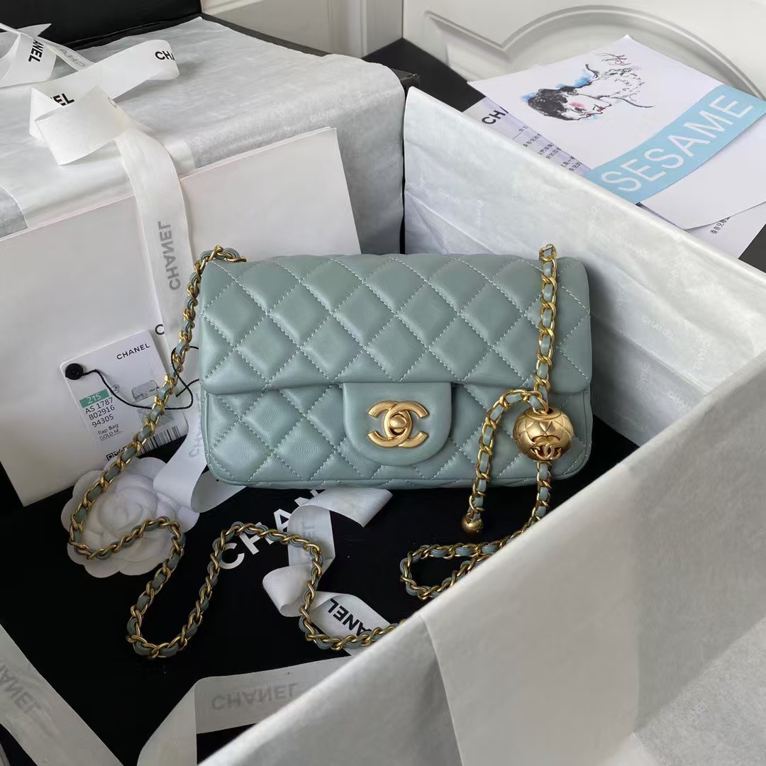 Chanel 23K AS1787 Mini Pearl Embossed Rectangular Flap Bag Lambskin Brushed Metal Hardware Light Blue