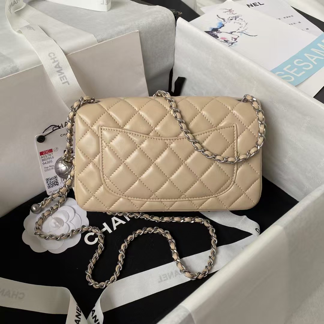Chanel 23K AS1787 Mini Pearl Embossed Rectangular Flap Bag Lambskin Brushed Silver Metal Hardware Apricot