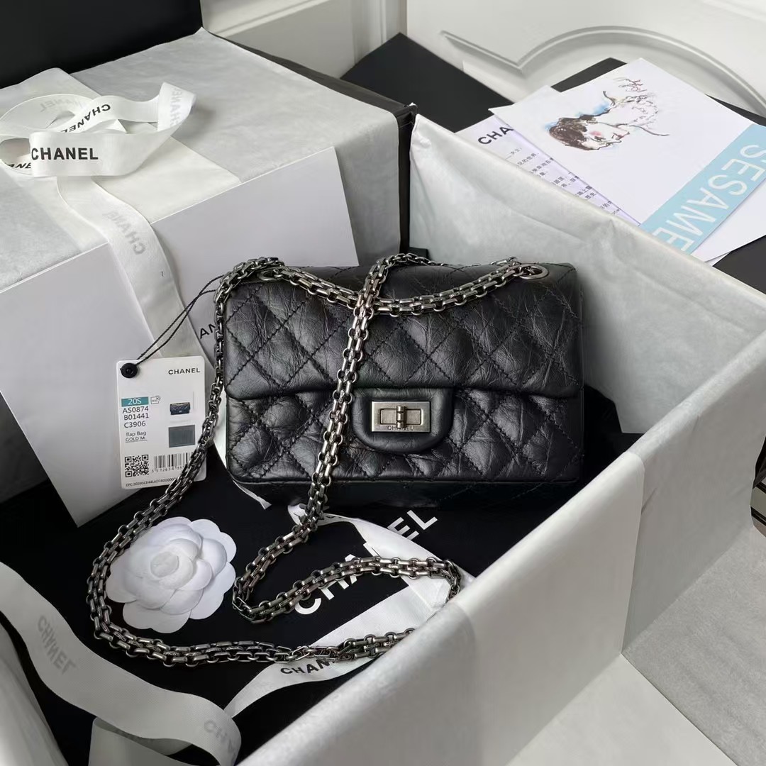 Chanel 23A Classic Mini 2.55 Flap Bag Black Distressed Calfskin Ruthenium Hardware