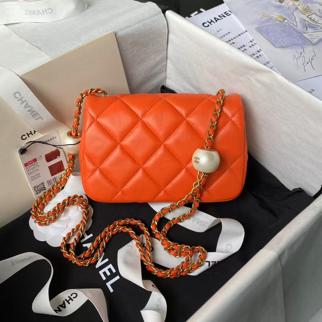 Chanel AS4868 Mini Flap Bag Pearl Lambskin Faux Pearl & Gold Metal Orange