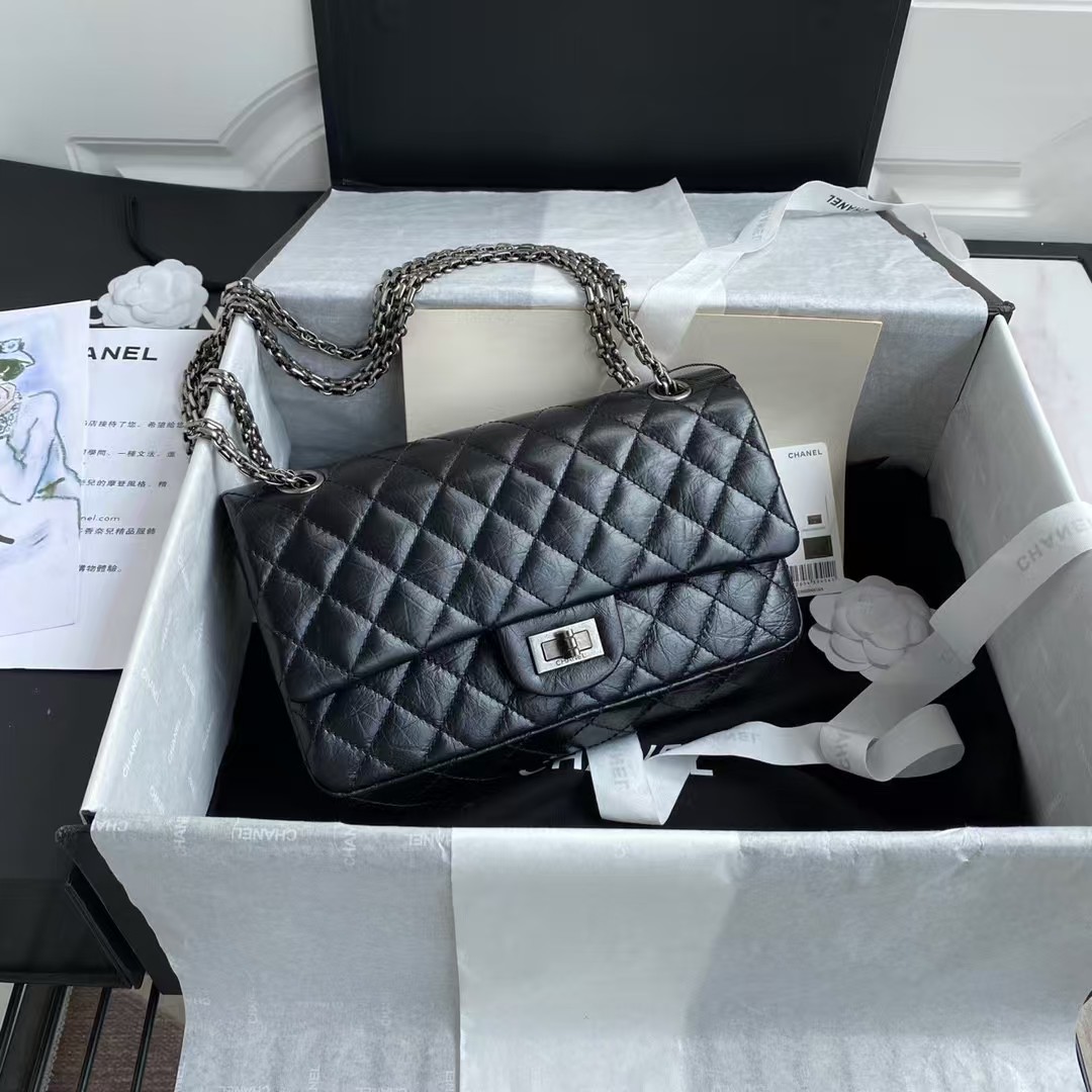 Chanel 23A Classic Medium 2.55 Flap Bag Black Distressed Calfskin Ruthenium Hardware