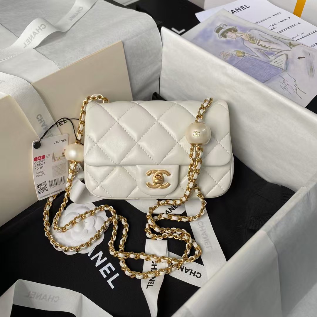 Chanel AS4868 Mini Flap Bag Pearl Lambskin Faux Pearl & Gold Metal White