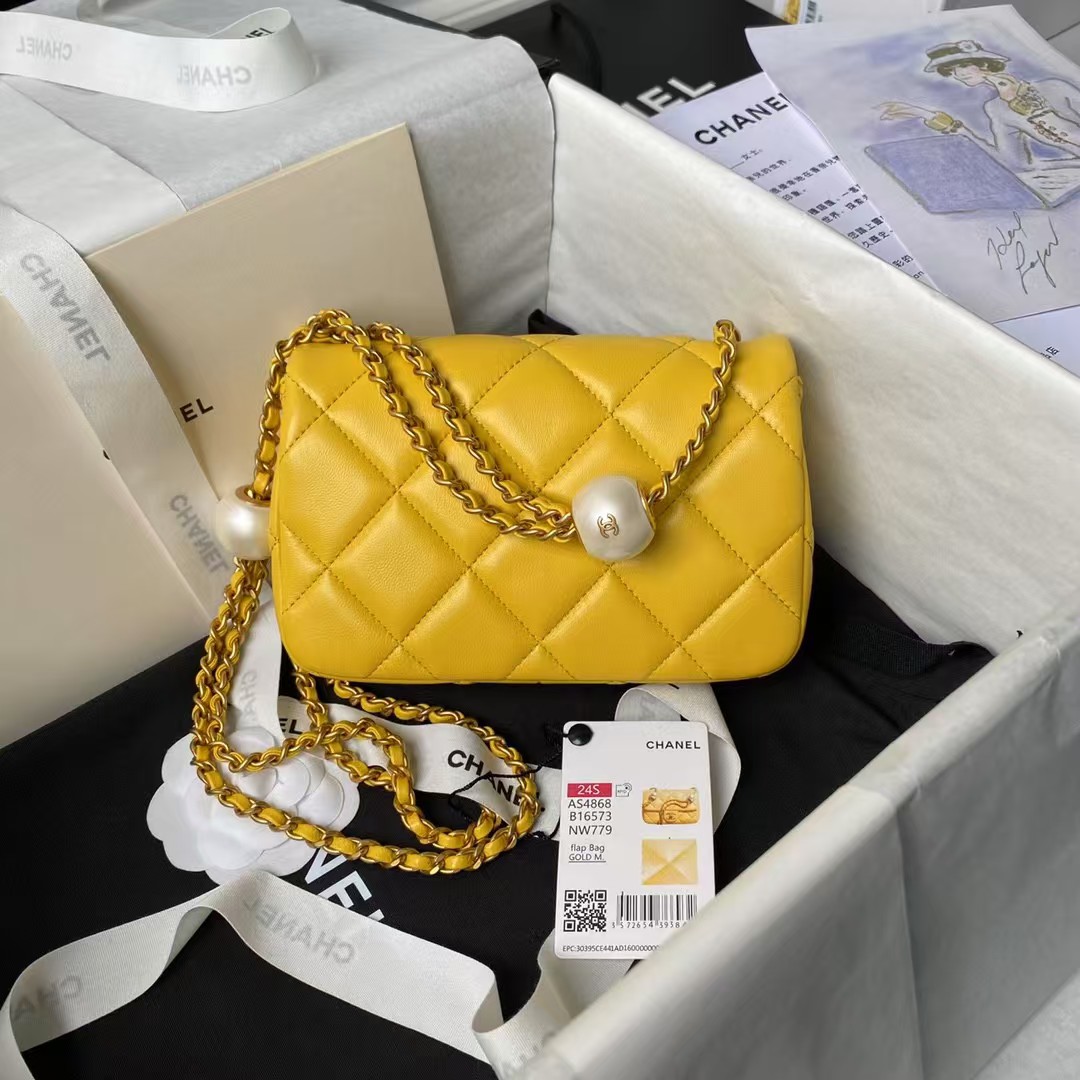 Chanel AS4868 Mini Flap Bag Pearl Lambskin Faux Pearl & Gold Metal Yellow