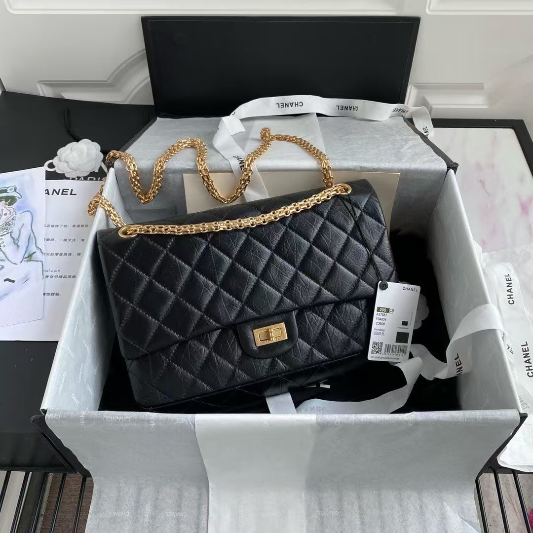 Chanel 23A A37587 Classic Large 2.55 Flap Bag Black Aged Calfskin Gold Metal Hardware