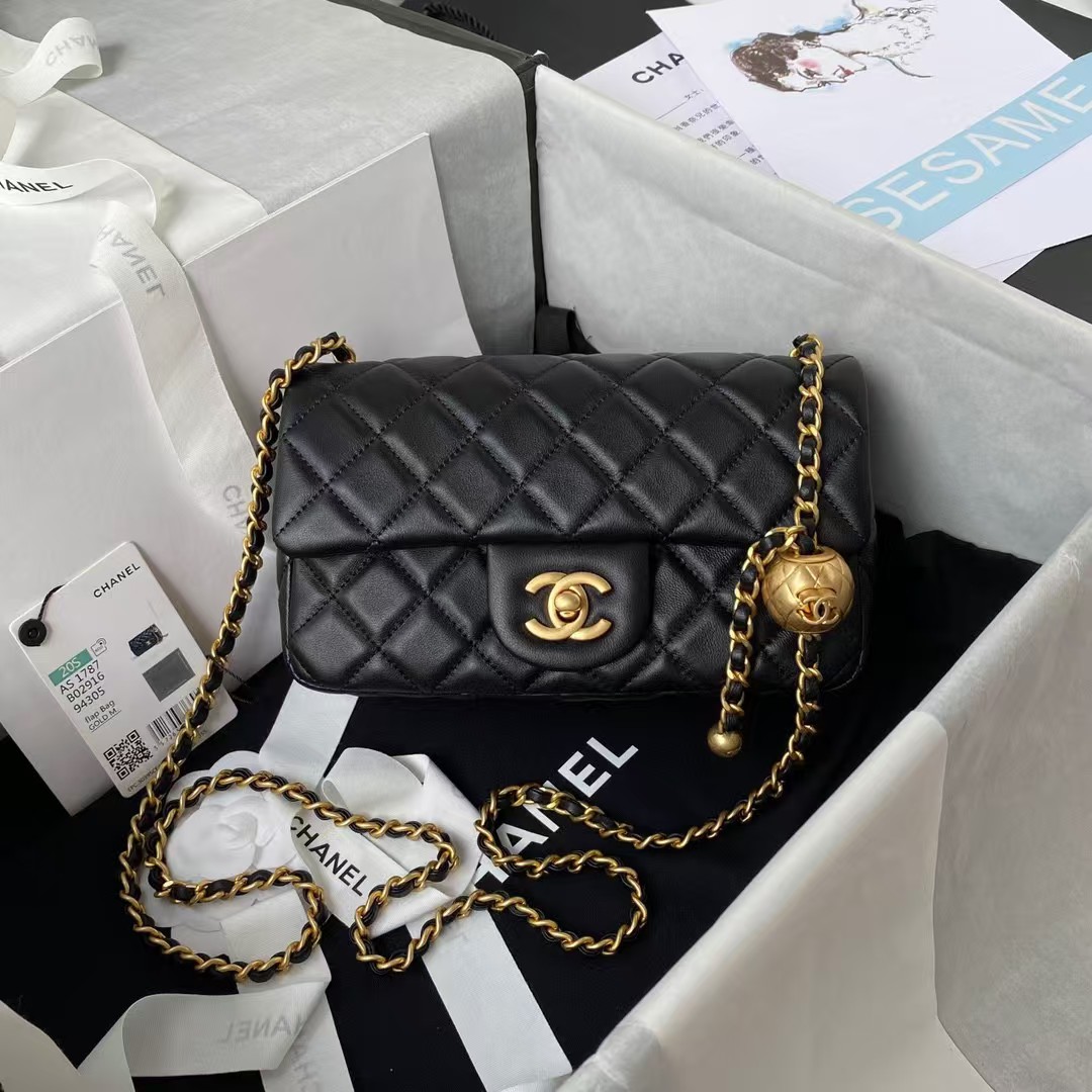 Chanel 23K AS1787 Mini Pearl Embossed Rectangular Flap Bag Lambskin Brushed Metal Hardware Black