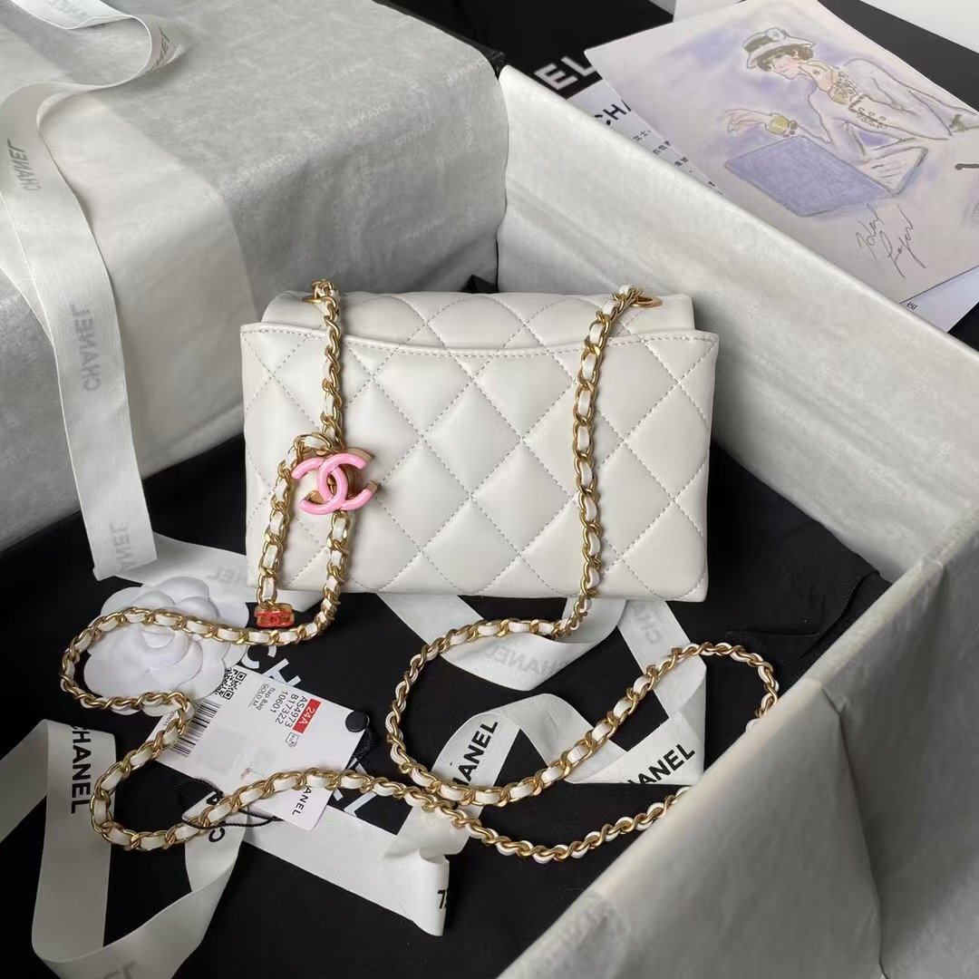 Chanel AS4973 Mini Flap Bag Shiny Lambskin Enamel & Gold-Tone Metal White
