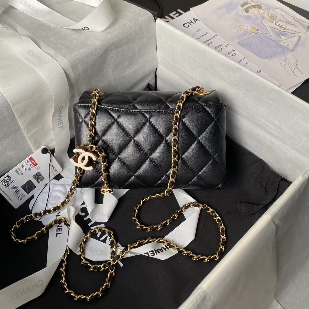 Chanel AS4973 Mini Flap Bag Shiny Lambskin Enamel & Gold Metal Black
