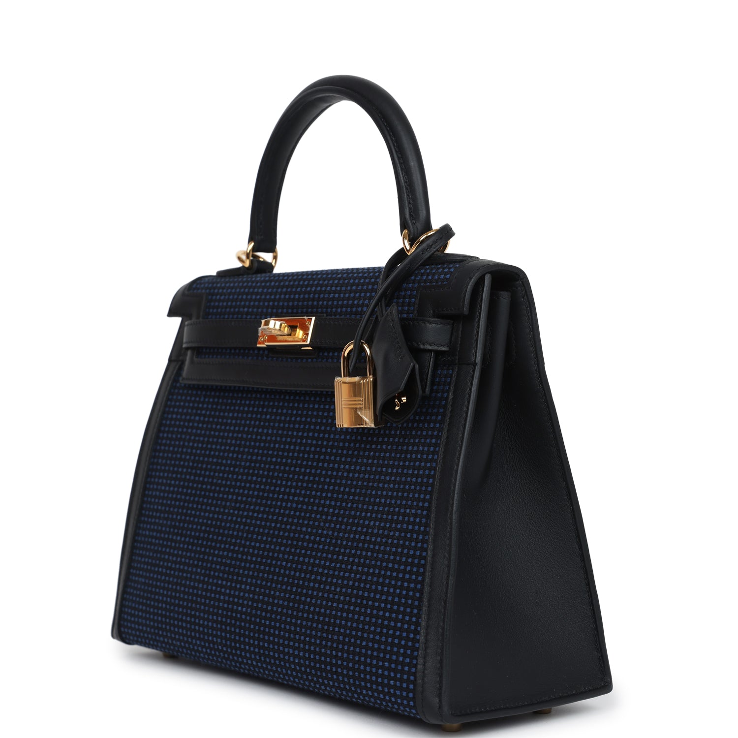 Hermes Kelly Sellier 25 Black Swift and Bleu Saphir Toile Gold Hardware