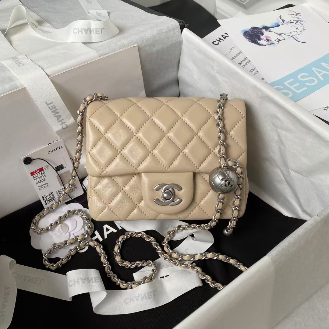 Chanel 23C AS1786 Mini Square Pearl Embossed Flap Bag Antique Silver Hardware Apricot