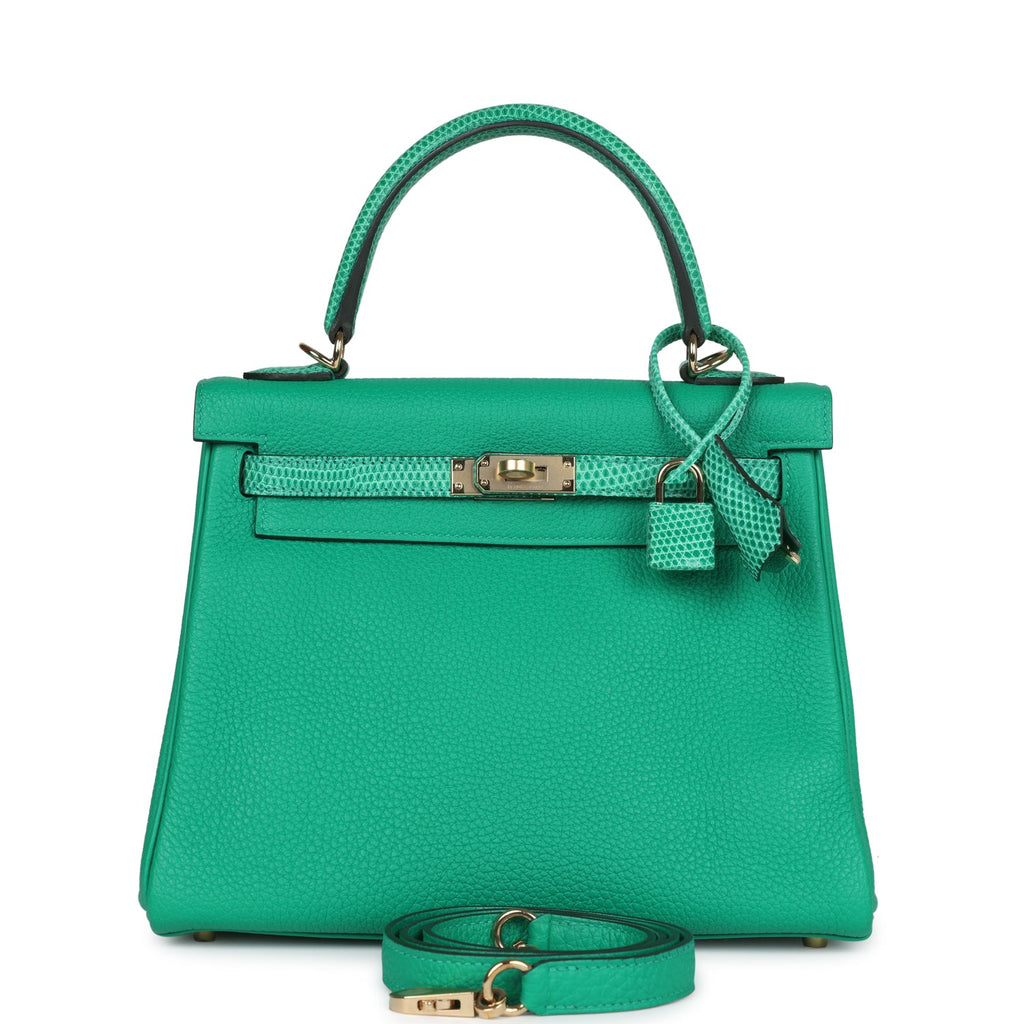 Hermes Kelly Retourne 25 Menthe Togo and Varanus Niloticus Lizard Touch Permabrass