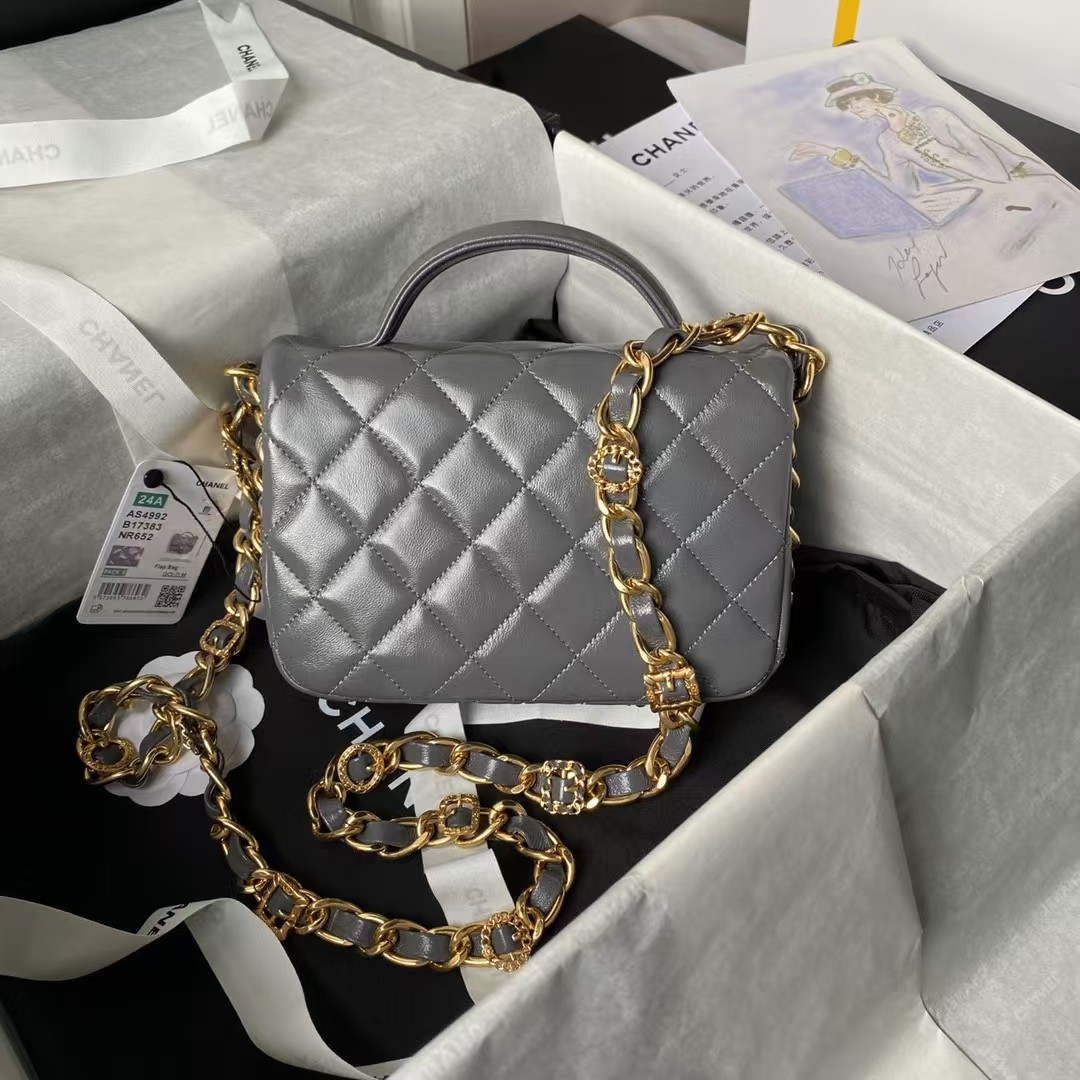 Chanel 24A AS4992 Mini Shiny Lambskin Flap Bag with Top Handle Grey
