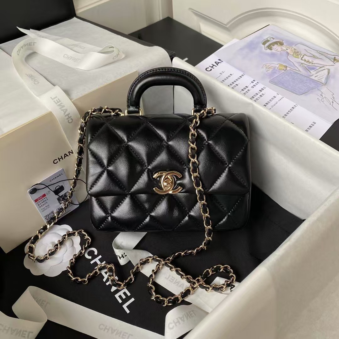 Chanel 24C AS4543 Mini Flap Bag Chain Bag Top Handle Black Lambskin