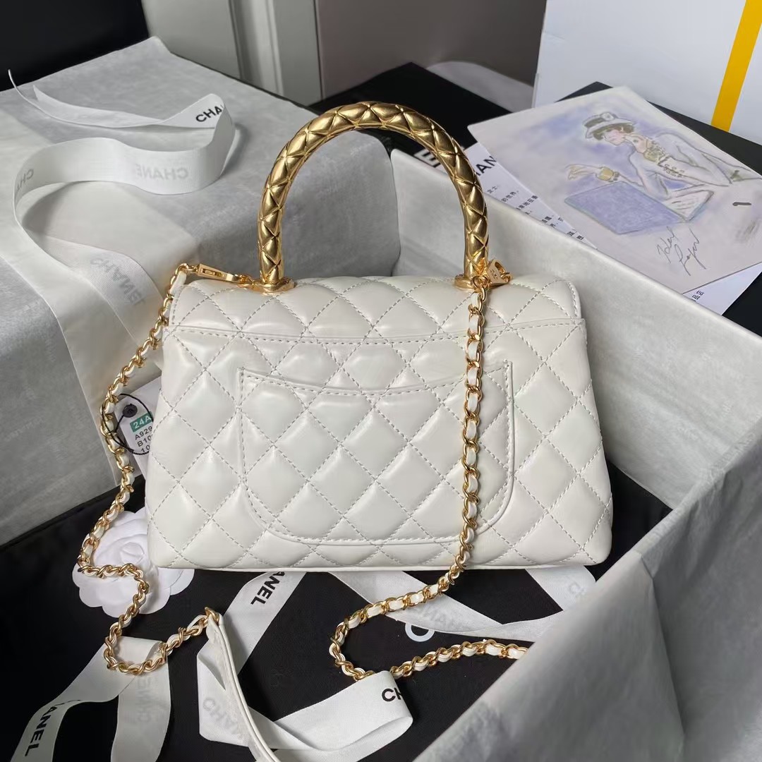 Chanel A92990 Small Flap Bag With Top Handle White Shiny Calfskin White