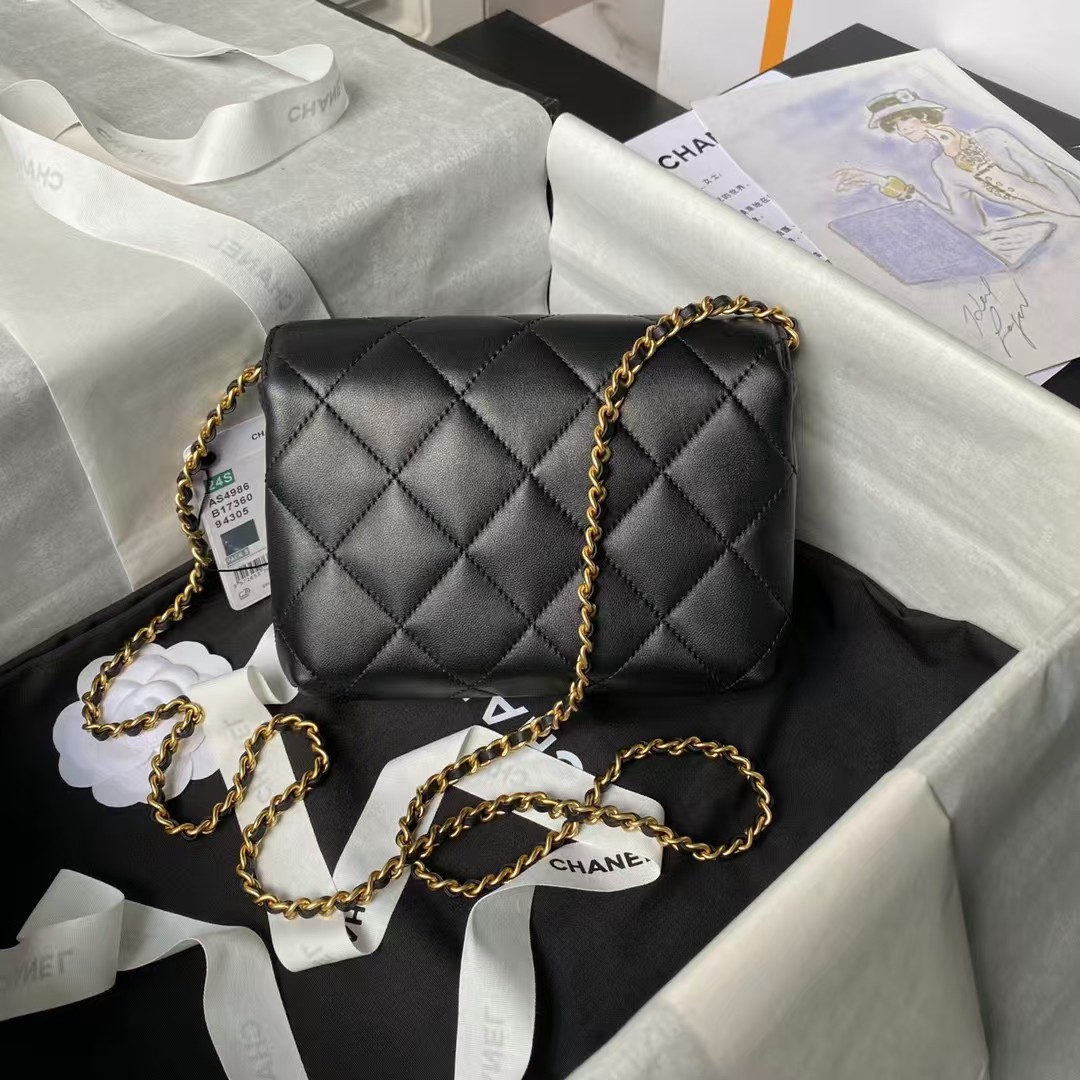 Chanel AS4986 Mini Flap bag Shiny Lambskin Imitation Pearls & Gold-Tone Metal Black