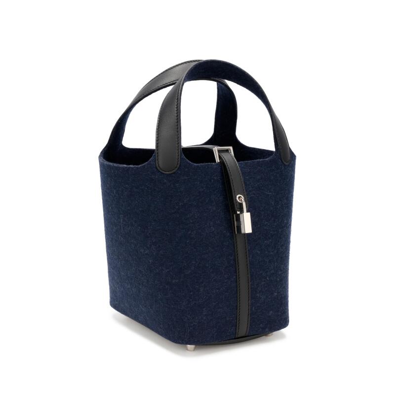 Hermes Bleu Nuit Feutre Wool and Black Swift Picotin Lock 18 PM Palladium Hardware