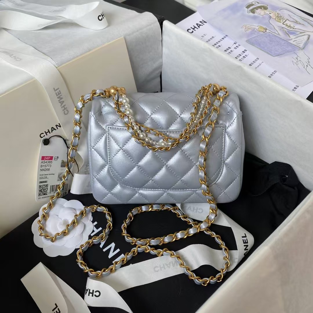 Chanel AS4385 Mini Flap Bag Pearl Lambskin Faux Pearl & Gold Metal Grey