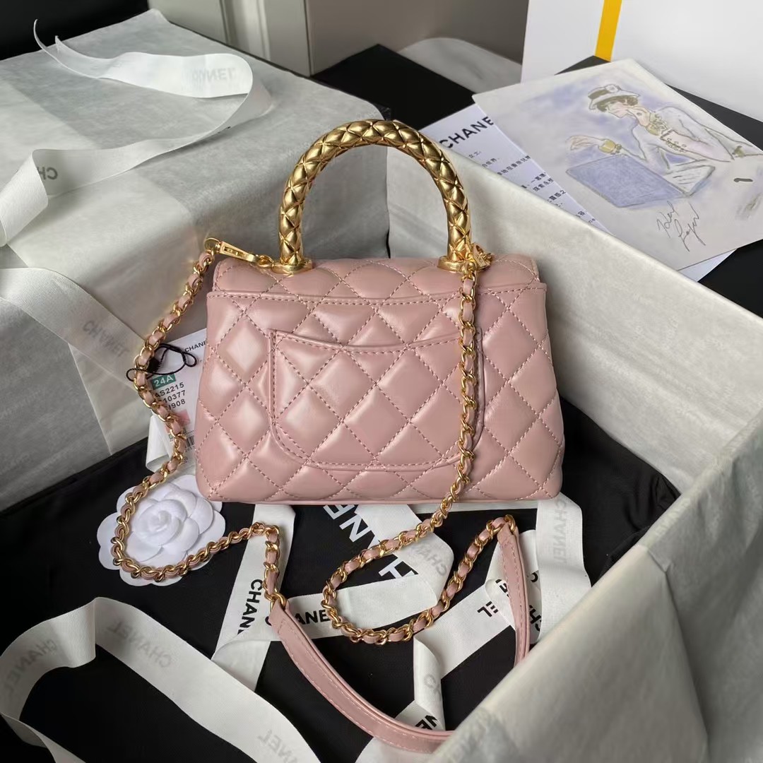 Chanel AS2215 Mini Flap Bag With Metal Top Handle Shiny Calfskin Pink