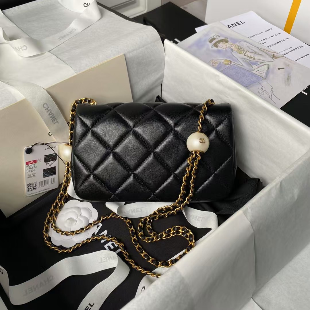 Chanel AS4861 Small Flap Bag Pearl Lambskin Faux Pearl & Gold Metal Black