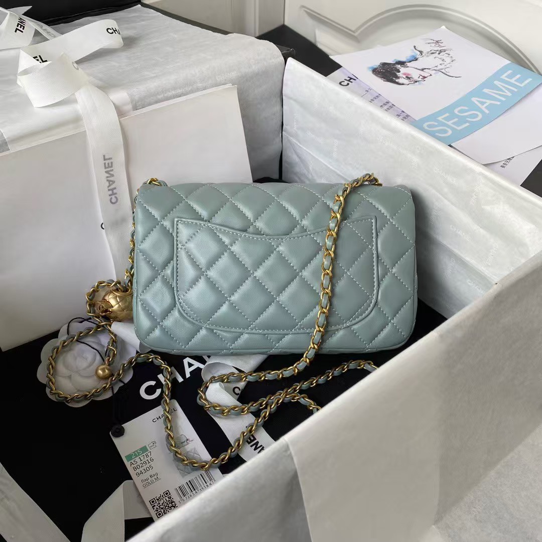 Chanel 23K AS1787 Mini Pearl Embossed Rectangular Flap Bag Lambskin Brushed Metal Hardware Light Blue