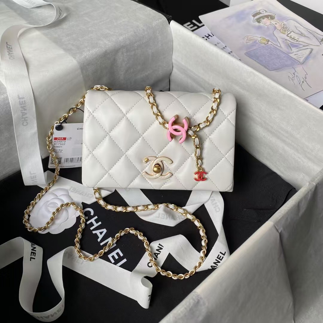 Chanel AS4973 Mini Flap Bag Shiny Lambskin Enamel & Gold-Tone Metal White