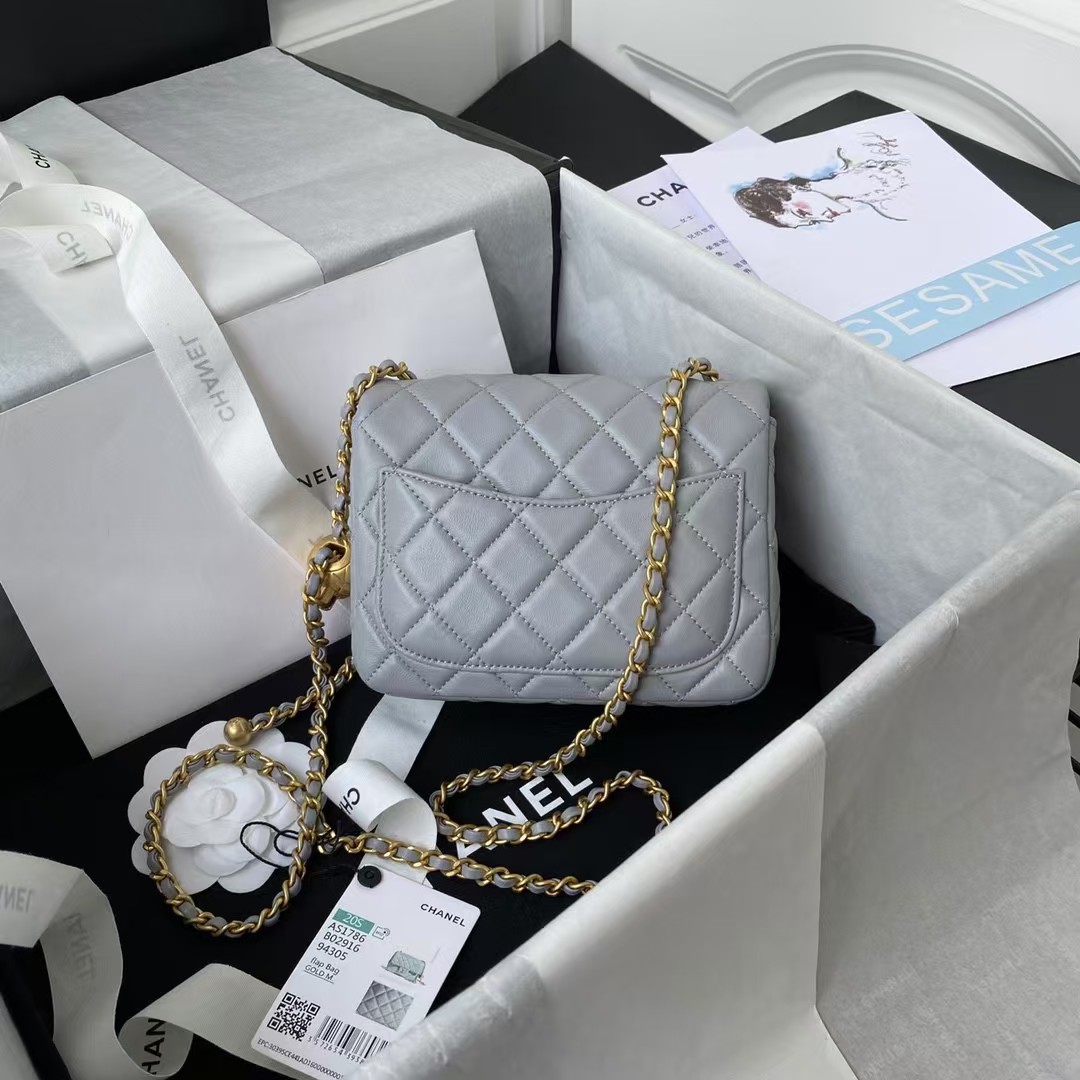 Chanel 23C AS1786 Mini Square Pearl Embossed Flap Bag Antique Gold Hardware Light Blue