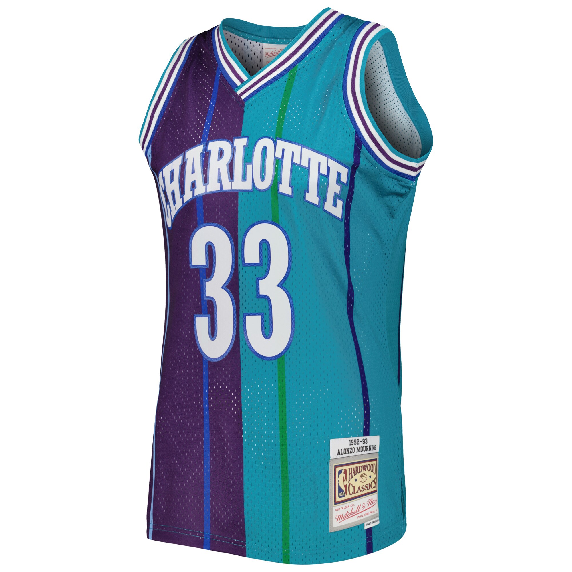 Alonzo Mourning Charlotte Hornets Mitchell & Ness Hardwood Classics 1992\/93 Split Swingman Jersey - Teal\/Purple