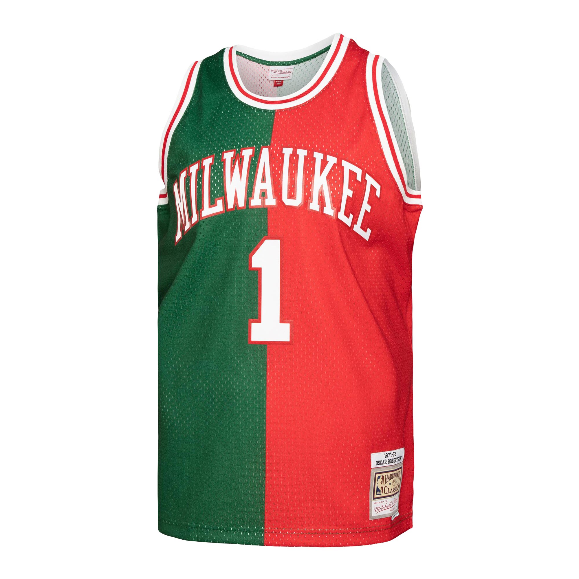 Oscar Robertson Milwaukee Bucks Mitchell & Ness Hardwood Classics 1971\/72 Split Swingman Jersey - Green\/Red